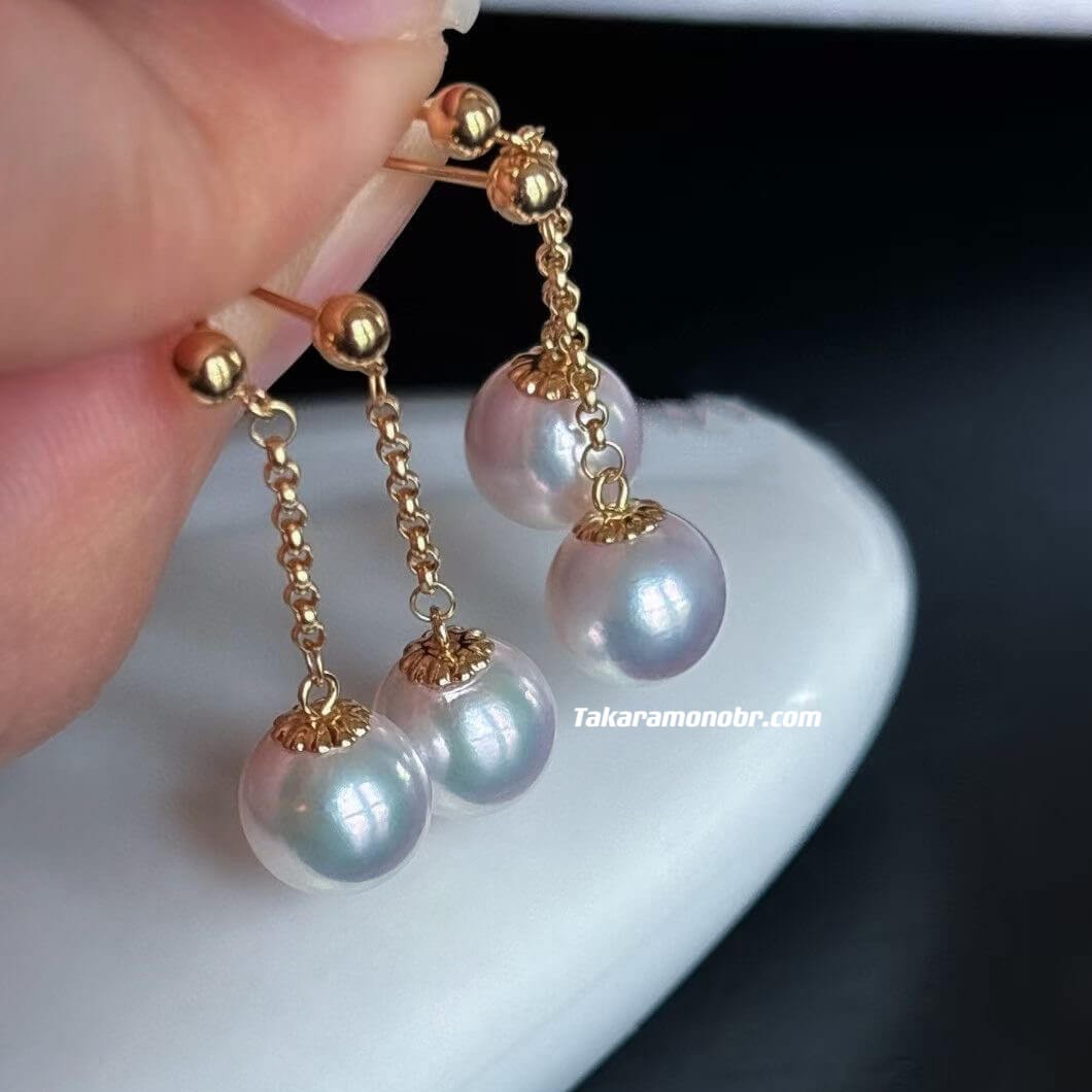 18KT Yellow Gold 8-8.5 mm White Akoya Pearl Chain Drop Earrings