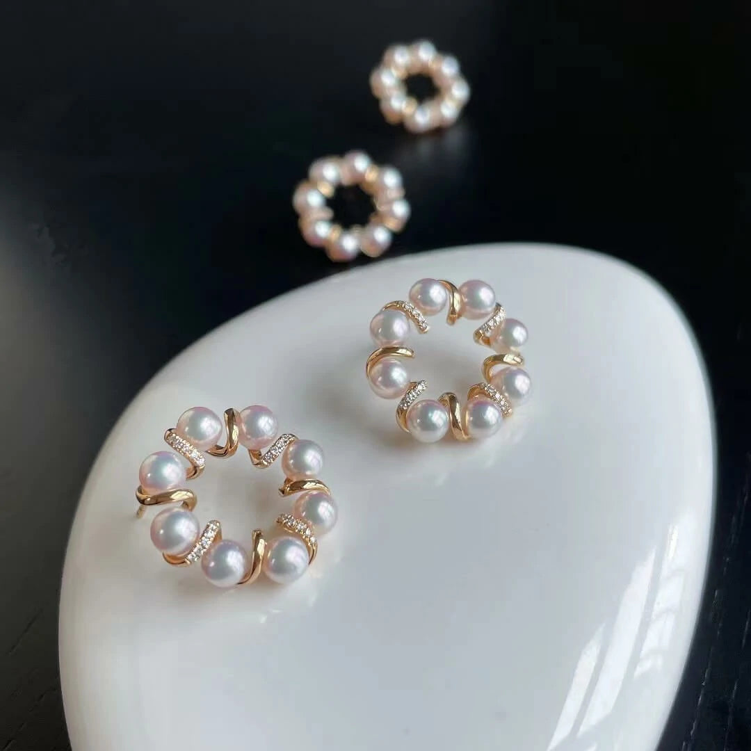 Diamond Cluster Akoya Round Pearl Earrings, 4.0-5.0 mm