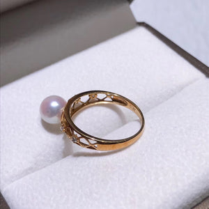 Royalty Collection 7.0-7.5 mm White Hanadama Akoya Pearl & Diamond Ring in 18K Yellow Gold - takaramonobr