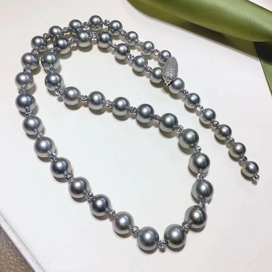 24 Inch Matinee Length 8.0-11.0 mm Round Tahitian Silver Blue Pearl Rosary Necklace - takaramonobr