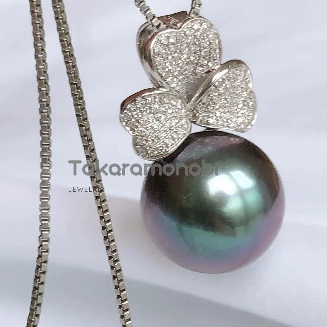 Clover 12.0-14.0 mm Tahitian Purplish Black Pearl & Diamond Earrings/Pendant in 18K White Gold - takaramonobr