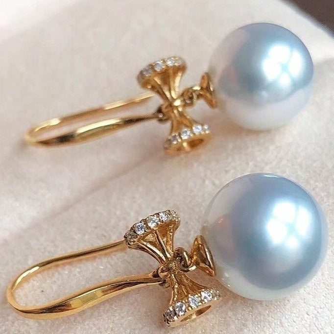 Bowknot Collection 9.0-10.0 mm White South Sea Pearl & Diamond Dangle Earrings for Woman - takaramonobr