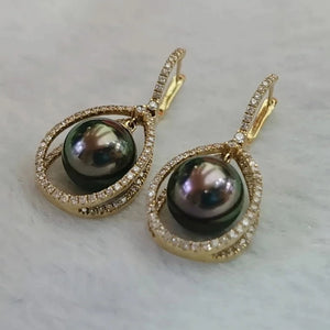 Infinity Love 9.0-10.0 mm Tahitian Peacock Pearl Dangle Earrings Mounted on 18K Gold with Diamonds - takaramonobr