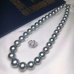 PLATINUM BLACK | 11.0-14.0 mm Silver Blue Round Tahitian South Sea Pearl Necklace | PSL Certificate - takaramonobr
