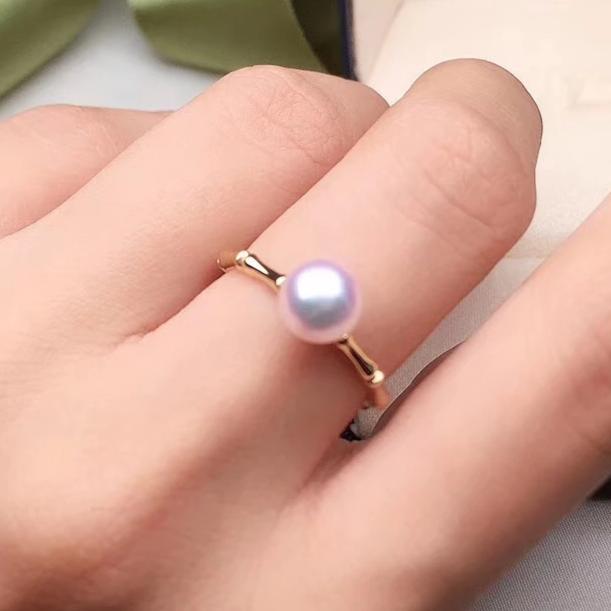 Bamboo Collection 7.0-7.5 mm White Akoya Pearl Solitaire Ring for Woman - takaramonobr