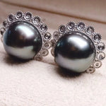 Load image into Gallery viewer, Sunrise 11.0-12.0 mm Tahitian Black Pearl Stud Earrings with Diamond Mounted on 18K White Gold - takaramonobr
