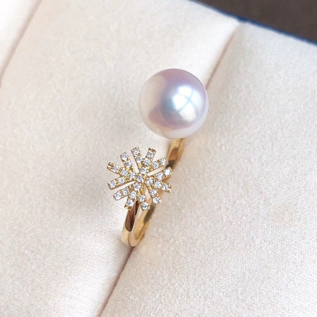 Snowflake  Collection White Akoya Pearl & Diamond Anniversary Ring in 18K Yellow Gold - takaramonobr
