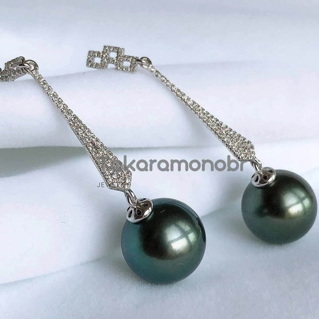 12.0-13.0 mm Pave Diamond Tahitian Pearl Drop Earrings - takaramonobr