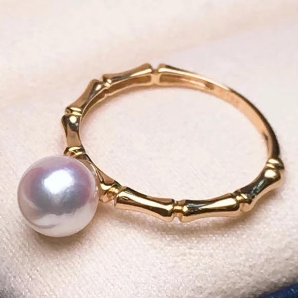 Bamboo Collection 7.0-7.5 mm White Akoya Pearl Solitaire Ring for Woman - takaramonobr