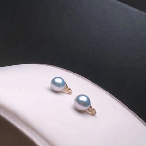 8.0-8.5mm Blue Akoya Pearl G18k French Vintage Style Pearl Earrings with Diamonds - takaramonobr