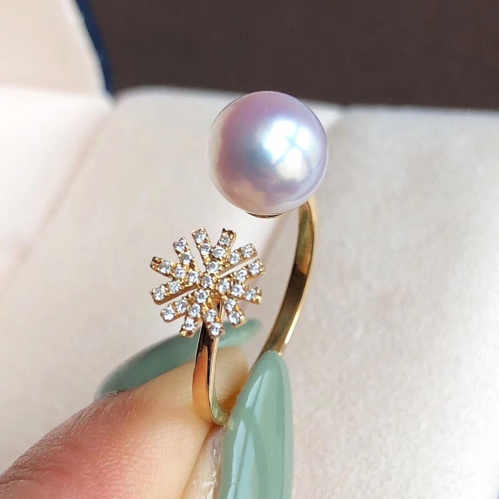 Snowflake  Collection White Akoya Pearl & Diamond Anniversary Ring in 18K Yellow Gold - takaramonobr