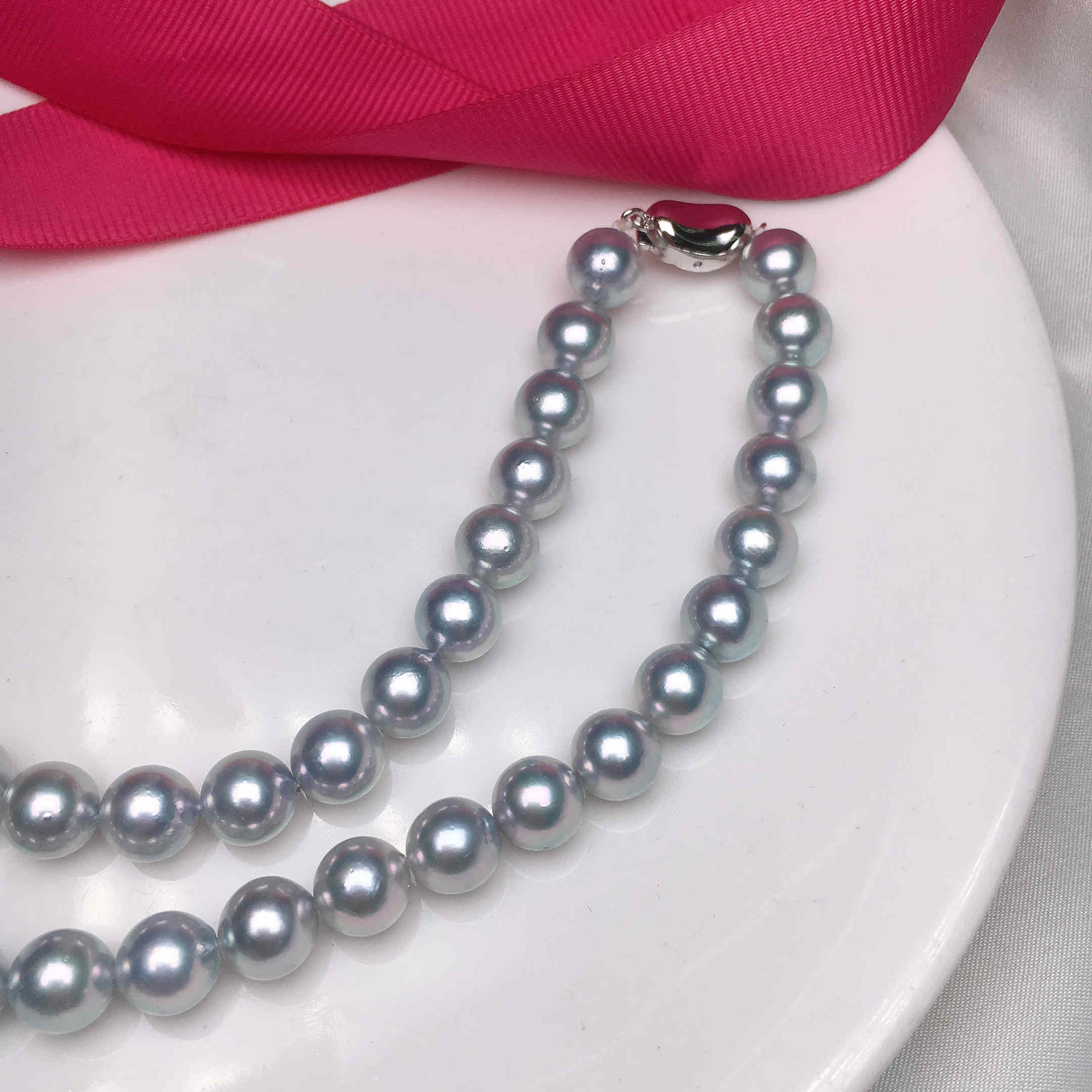 8.0-8.5 mm Silver-Blue Japanese Akoya Pearl Necklace 16" for Woman - takaramonobr