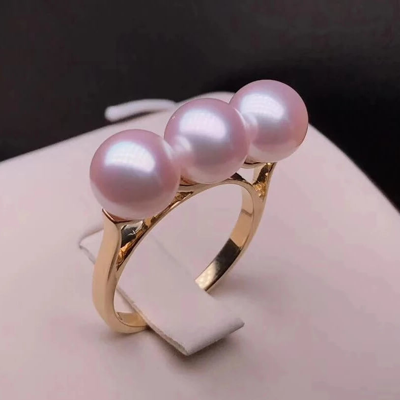 Tri-Pearl mm Japanese Cultured Akoya Pearl Ring Mounted on 18K Gold