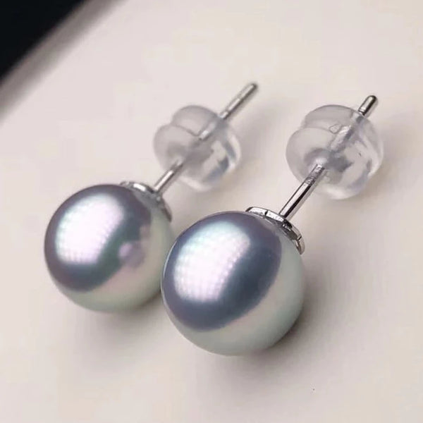 8.0 8.5 mm AAA Silver Blue Akoya Round Pearl Stud Earrings