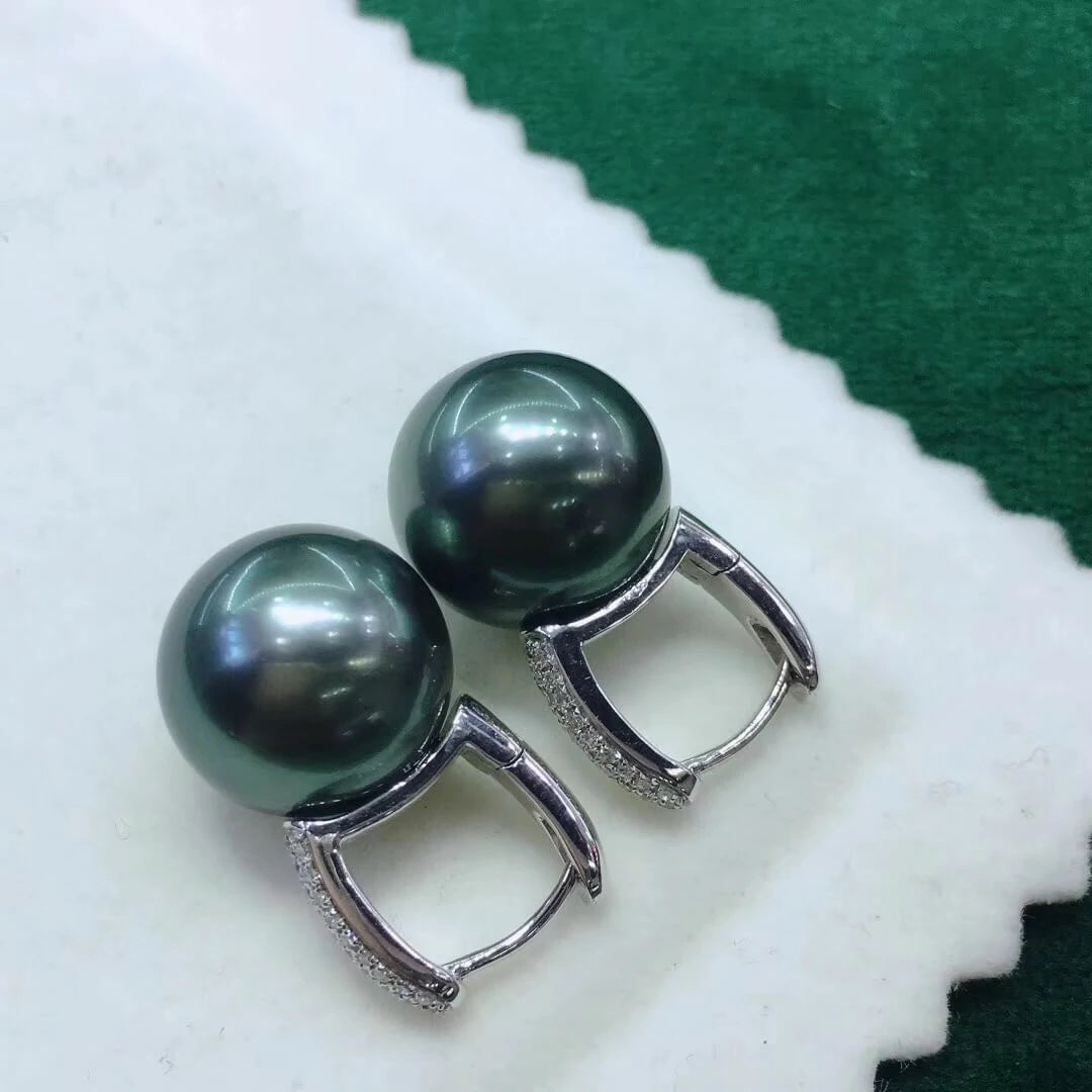 13-14mm large size tahitian black green pearl earrings