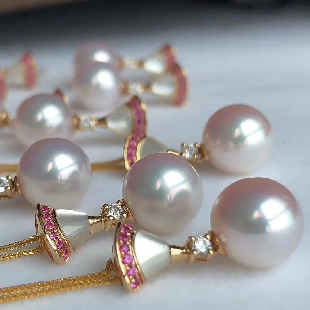 Fanshaped 8.5-9.0 mm White Akoya Pearl Dangle Earrings with Diamonds & Ruby in Gold - takaramonobr