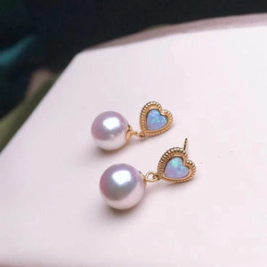 Sweetheart 7.0-7.5 mm Roound White Akoya Pearl Dangle Earrings with Opal - takaramonobr